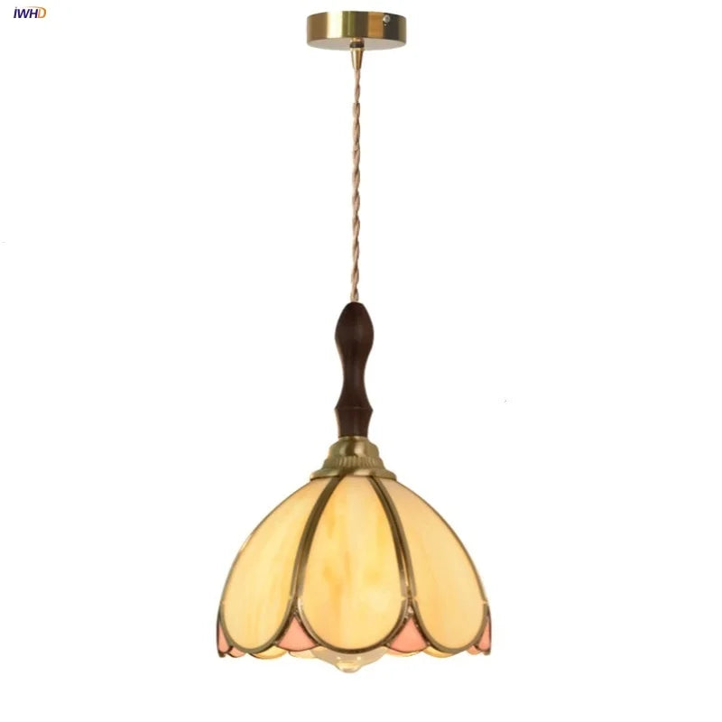 Afralia™ Tiffany Glass Pendant Lamp with Adjustable Walnut Wood, LED Dining Room Lighting
