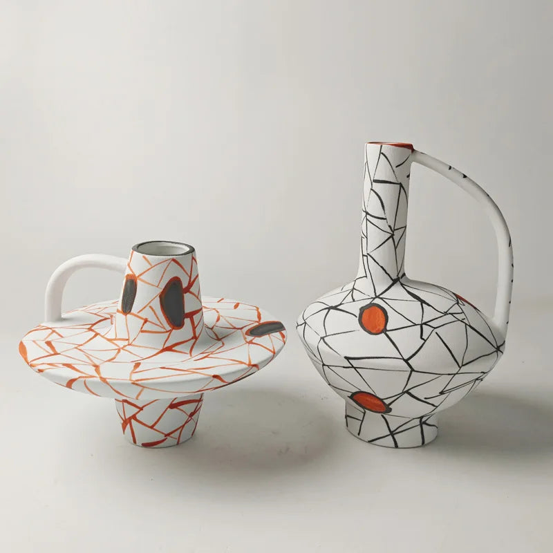 Afralia™ Geometric Line Ceramic Vase with Fringe Decoration