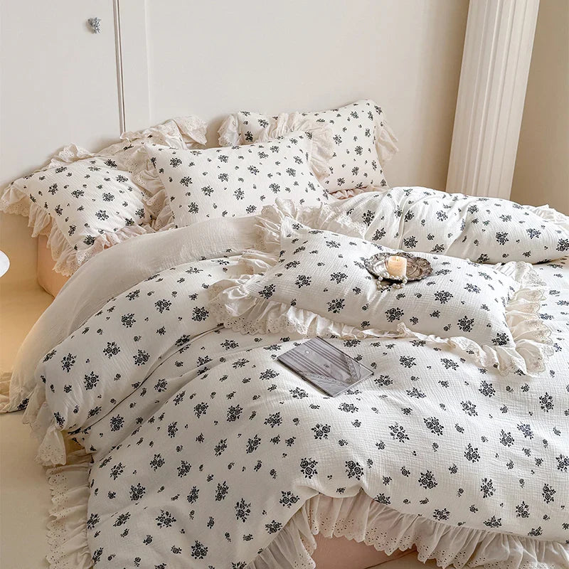 Afralia™ French Lace Ruffles Floral 100% Cotton Bedding Set with Duvet Cover, Sheet, Pillowcases