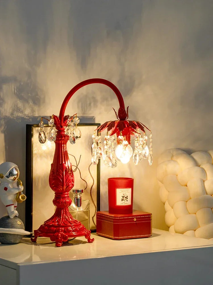 Afralia™ Elegant Crystal Wedding Table Lamp | Red Wedding Room Bedside Ever-Burning Lamp