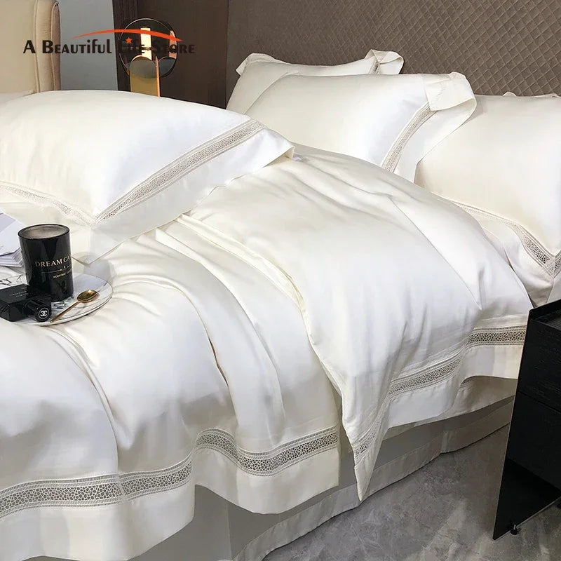 Afralia™ Eucalyptus Lyocell Luxury Bedding Set in White Champagne Grey Pink