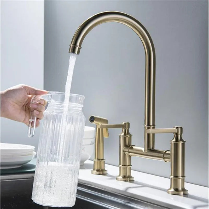 Afralia™ Brushed Gold Kitchen Faucet with Hand Shower Head Pot Filler Tap & Black Sink Spout