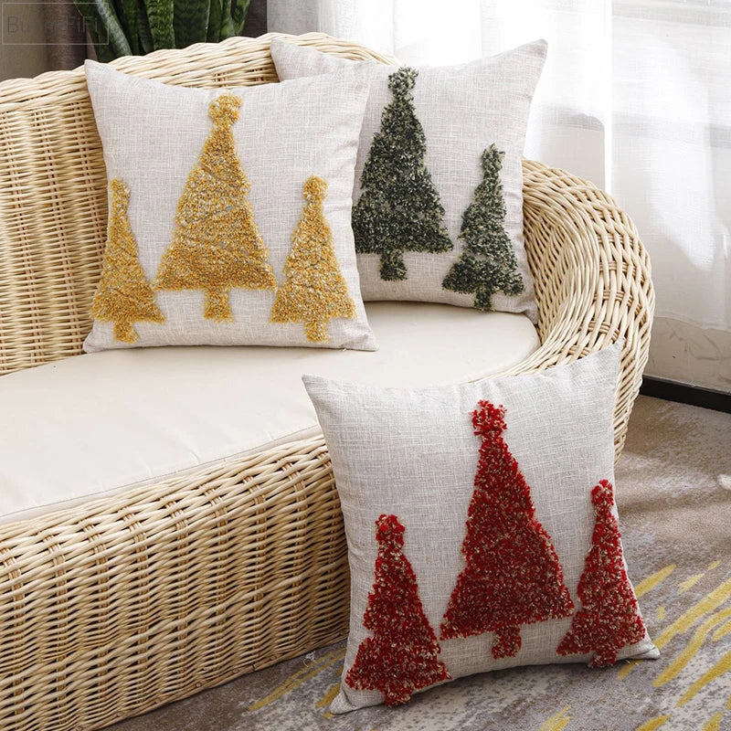 Afralia™ Christmas Tree Gold Green Red Tufted Pillow Cover 45x45cm Home Decoration