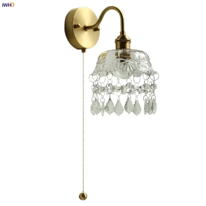 Afralia™ Nordic LED Wall Light with Pull Chain Switch, Crystal Glass Bedside Lamp