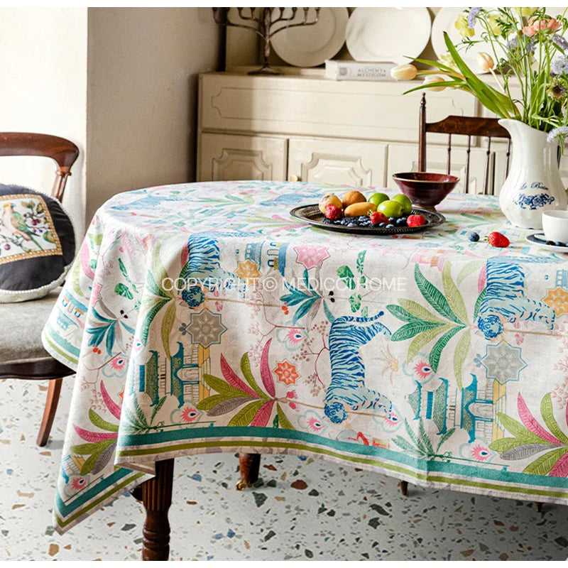 Afralia™ Jungle Vibes Tablecloth: Tiger Plants & Pagoda Print for Kitchen Garden