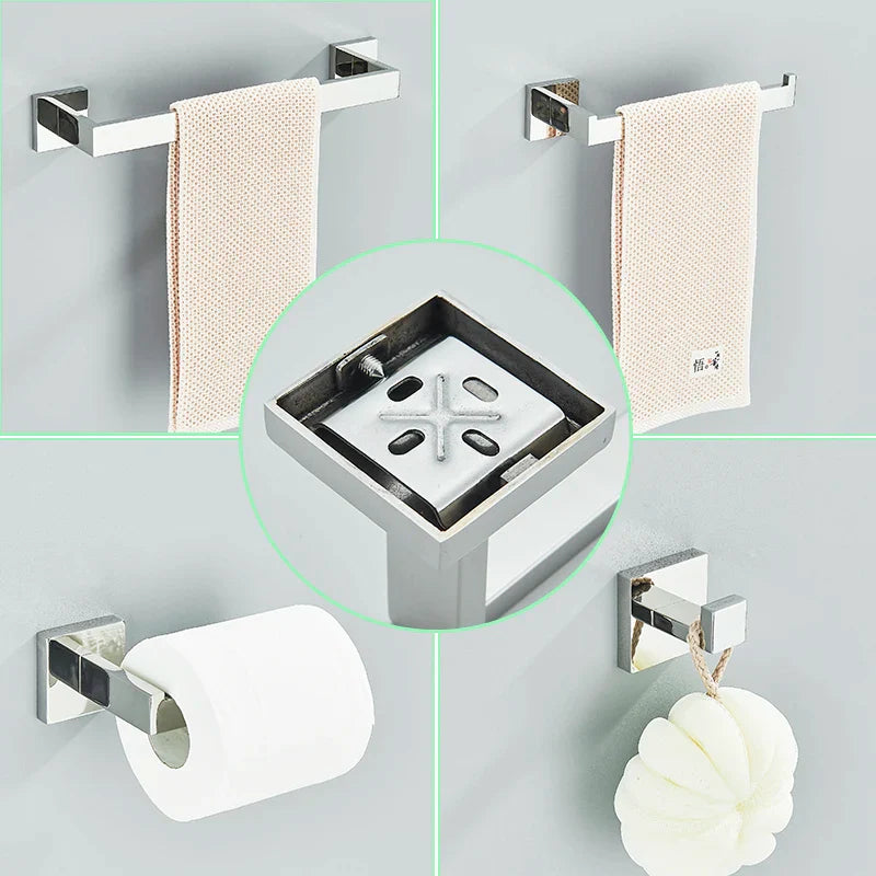 Afralia™ Chrome/Brushed Bathroom Hardware Set: Robe Hook, Towel Rail, Bar, Shelf, Holder.