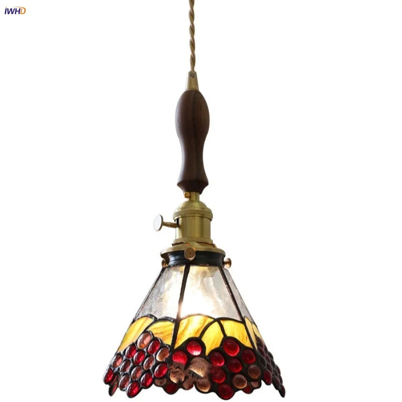 Afralia™ Walnut Wood LED Pendant Light Fixture Wine Red Glass Vintage Brass Hang Lamp
