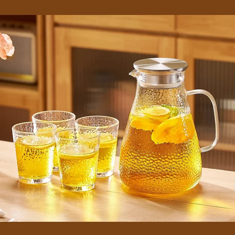 Afralia™ Glass Tea Set with Stainless Steel Lid Jug and Cups