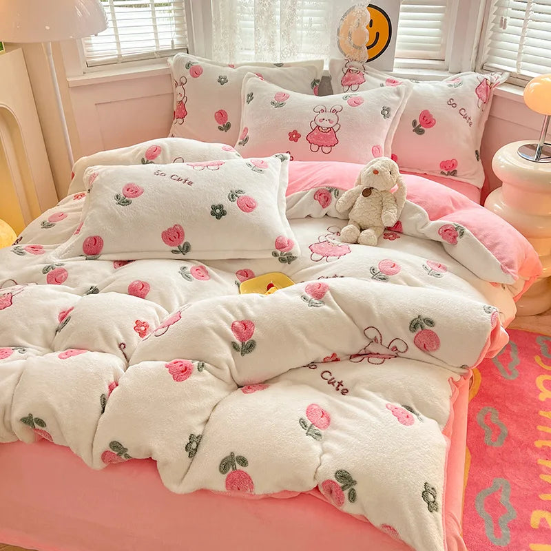 Afralia™ Flower Print Thicken Winter Warm Bedding Set with Sheet Pillowcases
