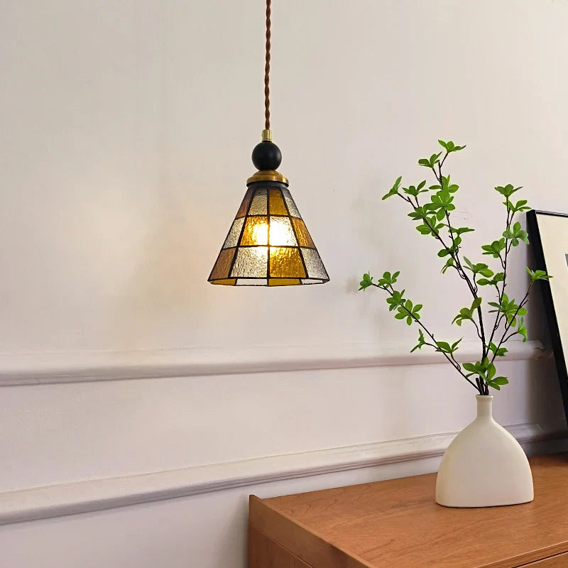 Afralia™ Tiffany Glass Wood LED Pendant Lamp Modern Nordic Hanging Light Fixutre