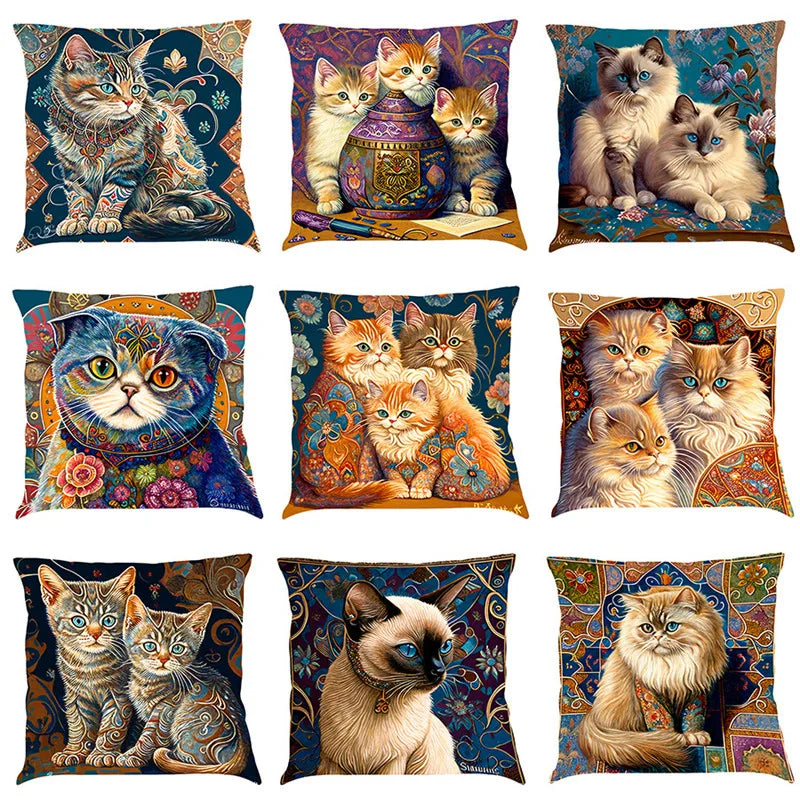 Afralia™ Cat Design Linen Pillowcase 45x45cm for Home Decor and Cushion Covers