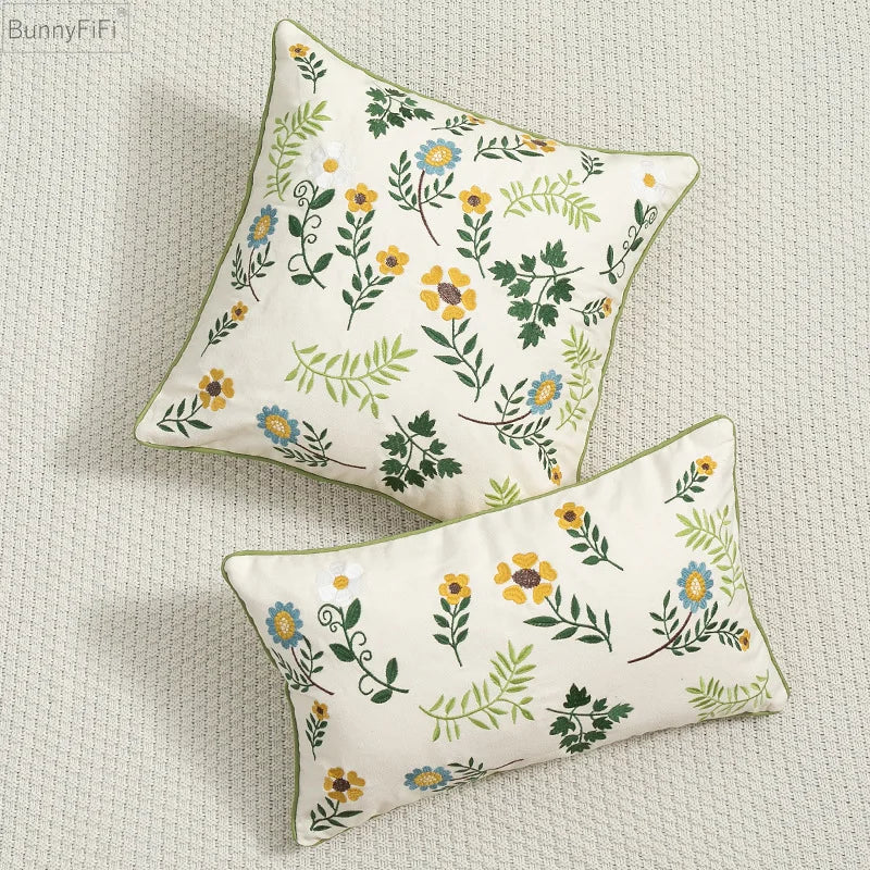 Afralia™ Daisy Floral Green Leaves Embroidery Cushion Cover for Living Room Bedroom