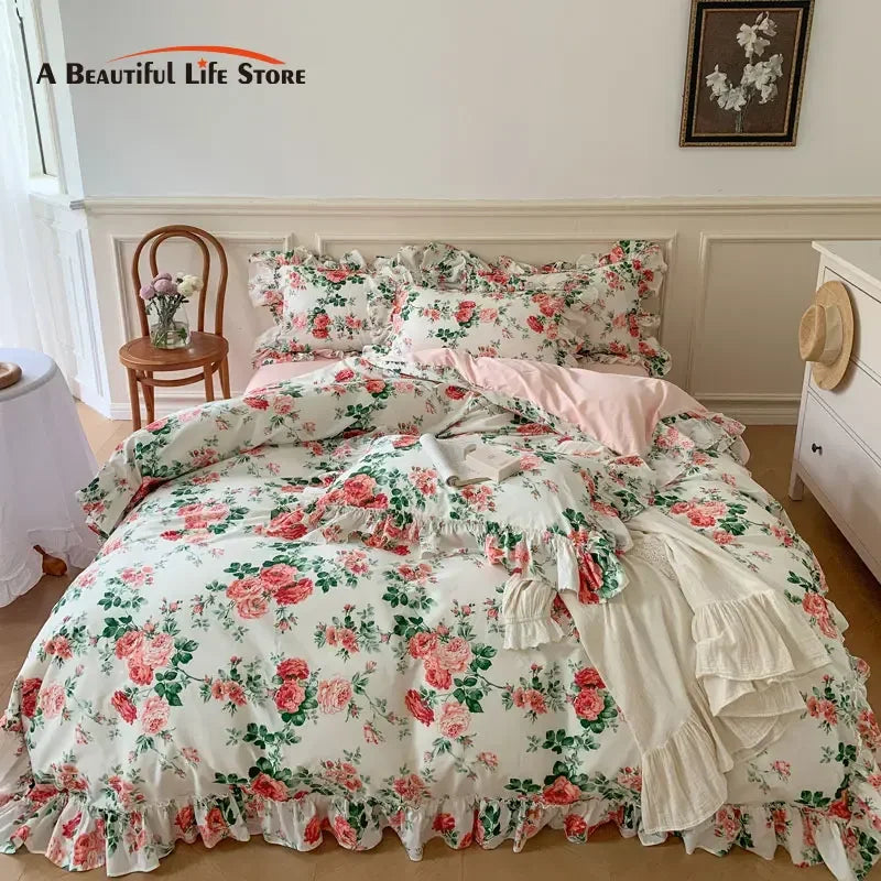 Afralia™ French Vintage Rose Print Bedding Set with Lace Ruffles and Linen Details
