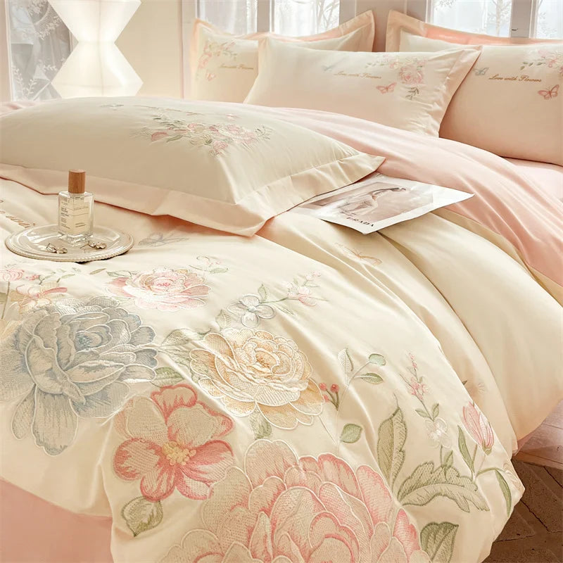 Afralia™ Floral Butterfly Embroidery Cotton 4Pcs Bedding Set, Beige/Pink Theme