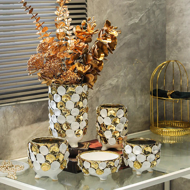 Afralia™ Geometric Gold Leaf Relief Ceramic Vase - Elegant Hand-Appliqued Flower Pot Home Decor