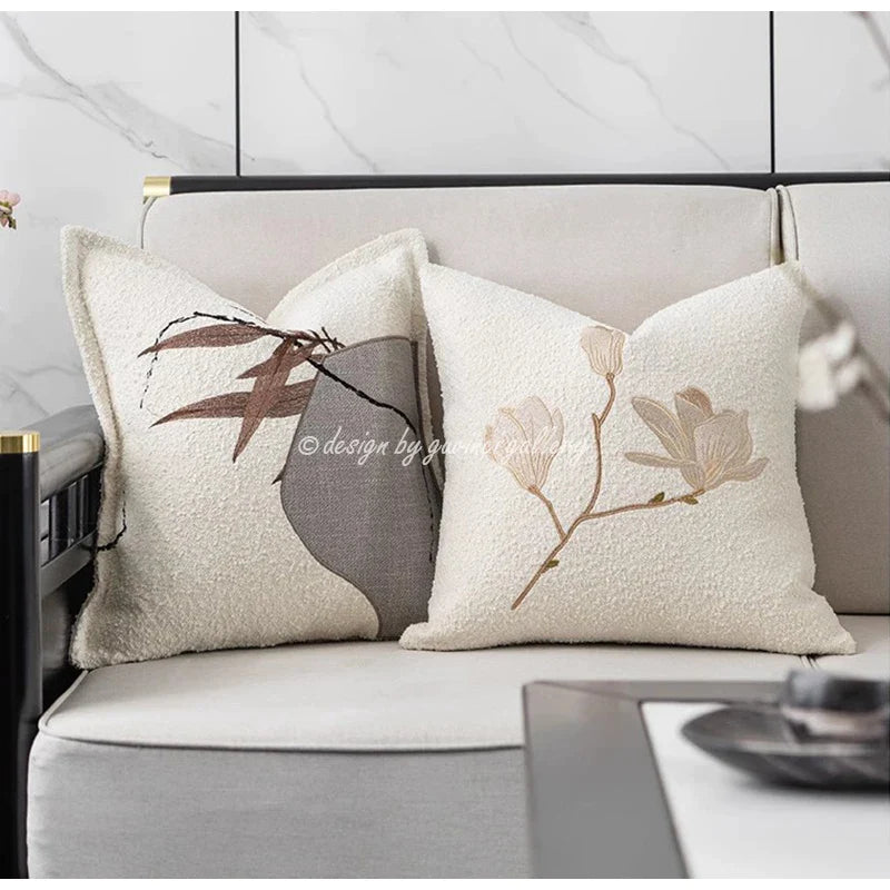 Afralia™ Luxury Magnolia Flowers Embroidered Throw Pillow Covers 45x45cm