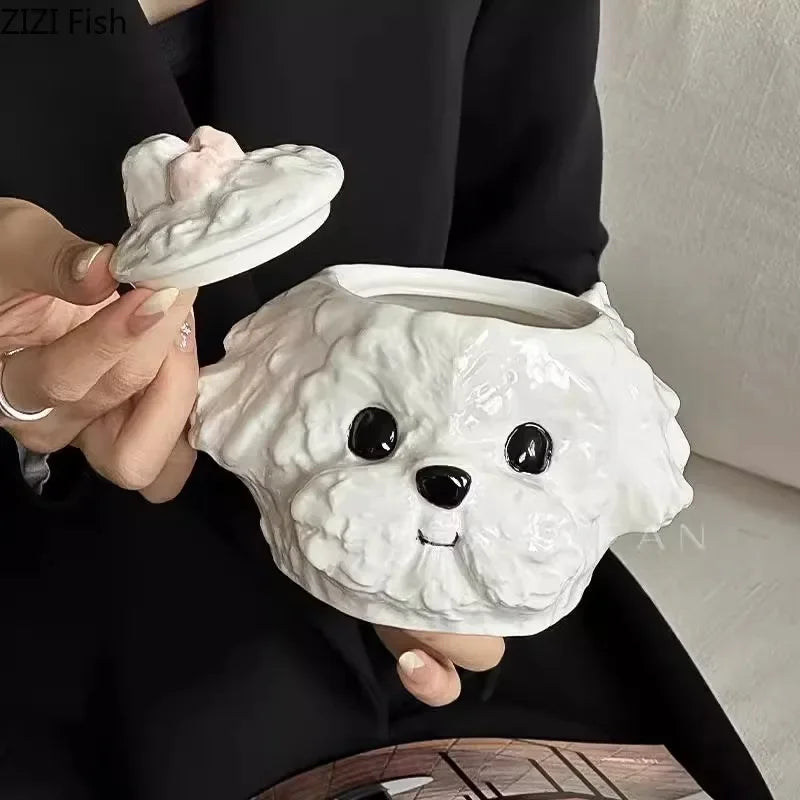 Afralia™ Teddy Dog Ceramic Mug Set for Coffee, Tea, Juice - Adorable Tableware Drinkware