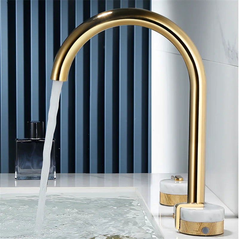 Afralia™ Gold Brass and Marble Widespread Bathroom Faucet 8' Basin Mixer