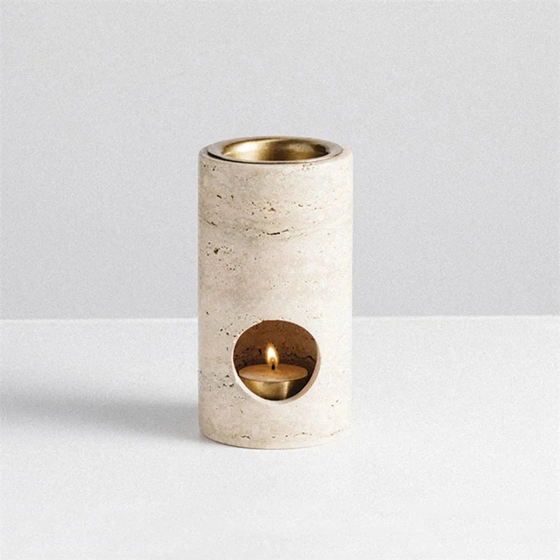 Afralia™ Beige Travertine Stone Essential Oil Burner Diffuser Cyclinder 7x14CM