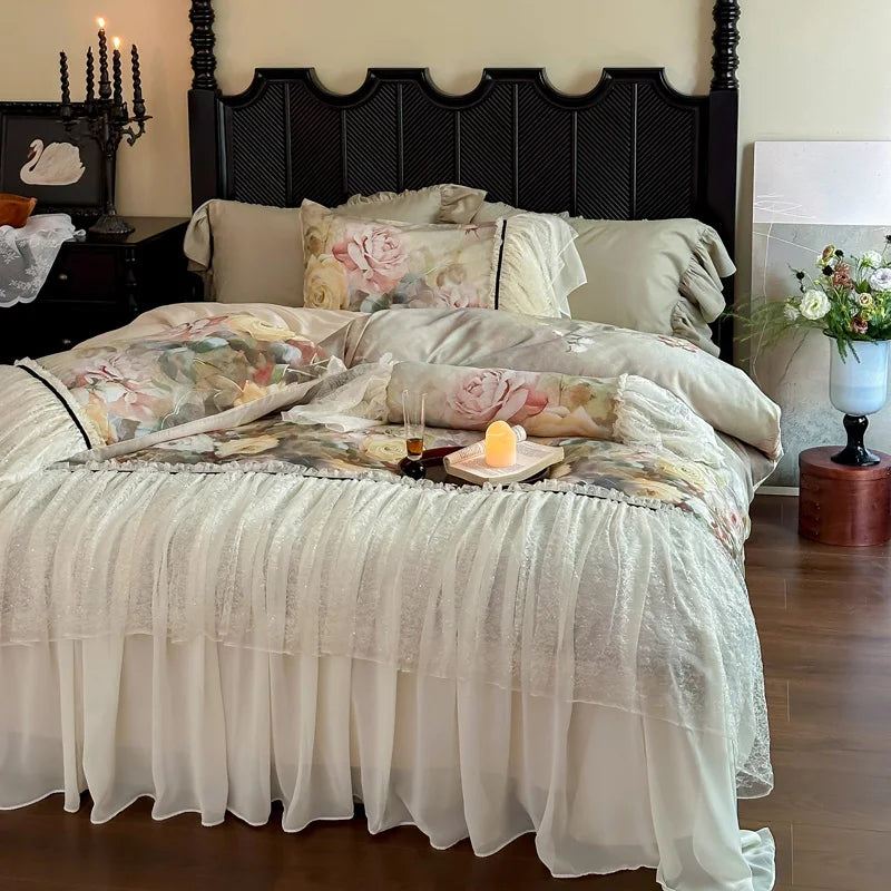 Afralia™ Double Lace Ruffles Egyptian Cotton Thickened Bedding Set - Duvet Covers, Sheet, Pillowcases