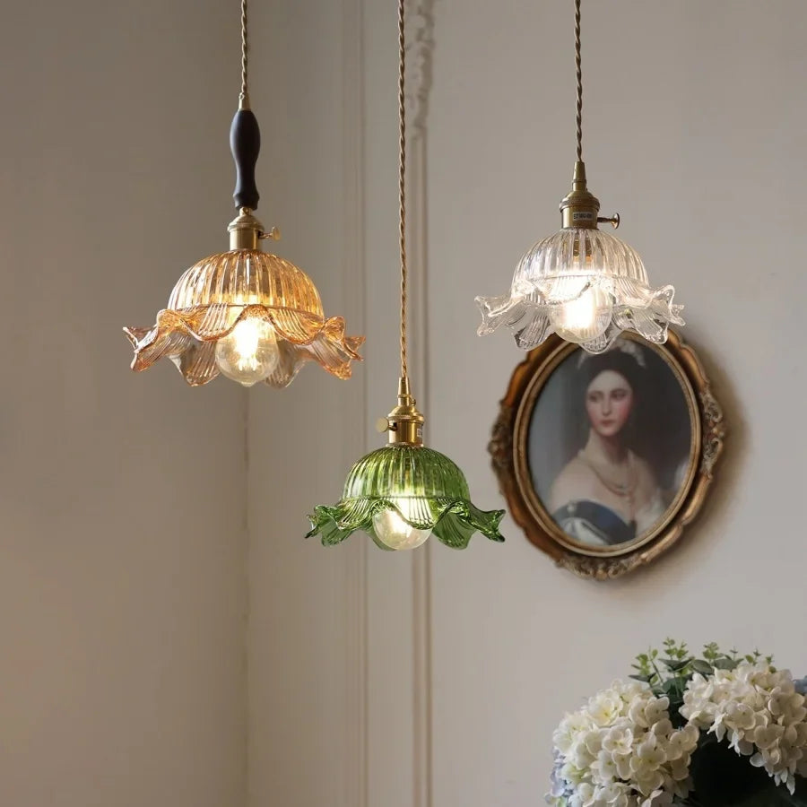 Afralia™ Vintage Green Glass Flower Knob Switch LED Pendant Lights, Copper Hanging Lamp