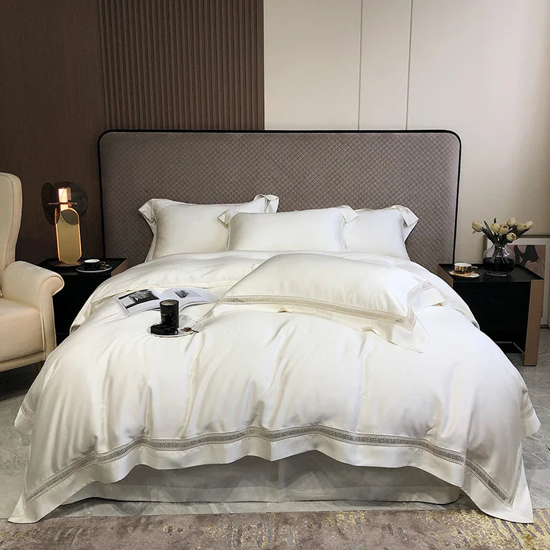 Afralia™ Eucalyptus Lyocell Luxury Bedding Set in White Champagne Grey Pink
