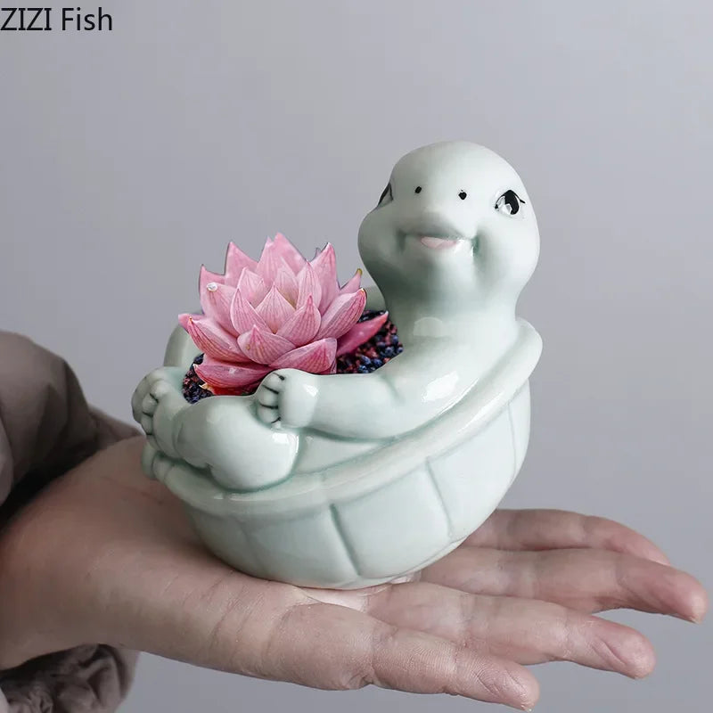 Afralia™ Cartoon Turtle Ceramic Vase for Table Decoration and Flowers Arrangement