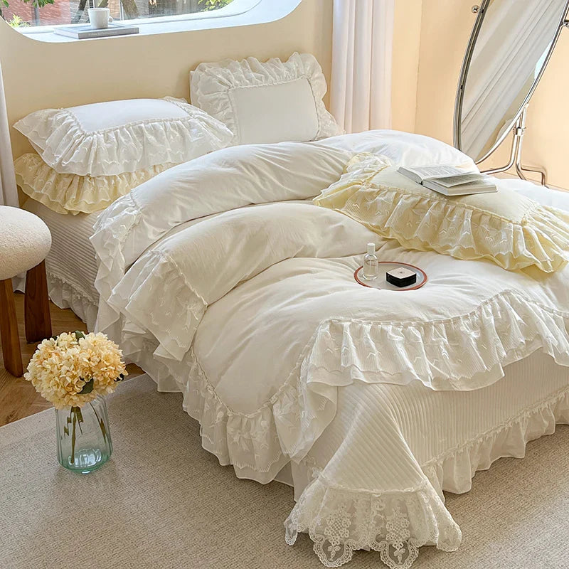 Afralia™ Lace Ruffles Bedding Set in Pearl White Cream Yellow Princess Cotton