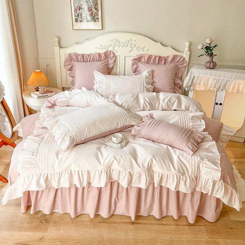 Afralia™ Pink Korean Princess Pleat Ruffles Cotton Bedding Set - 3/4Pcs