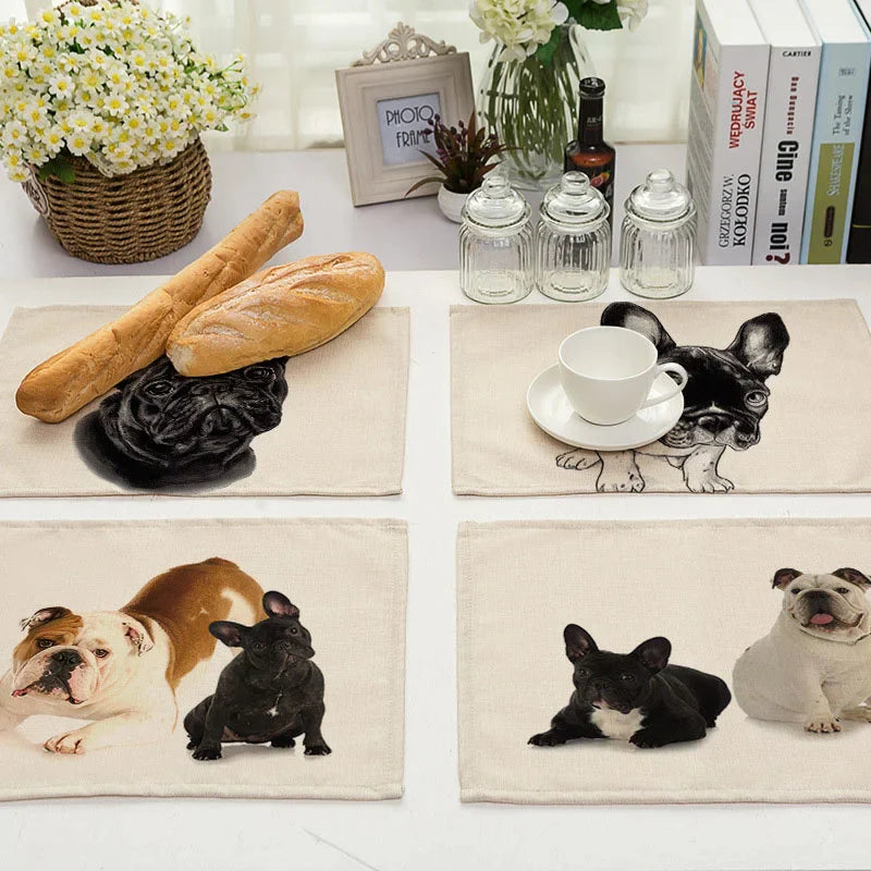French Bulldog Pattern Placemat Set by Afralia™ - Linen Coasters & Table Mats