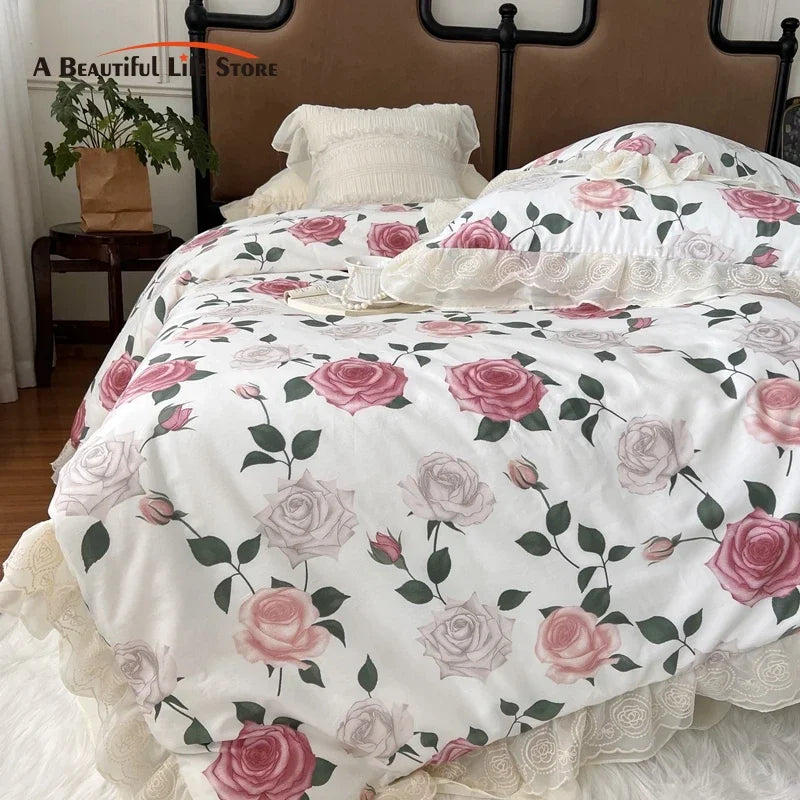 Afralia™ Vintage French Rose Flowers Double Layer Lace Ruffles Bedding Set