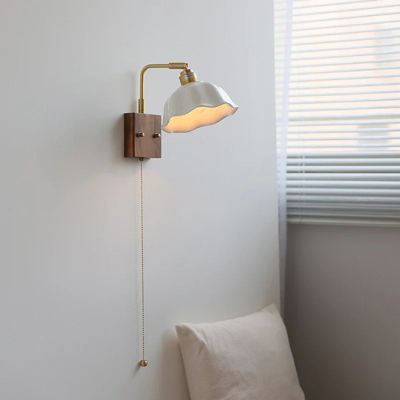 Afralia™ Nordic LED Wall Light Pull Chain Switch Rotatable Walnut Copper Bedside Lamp