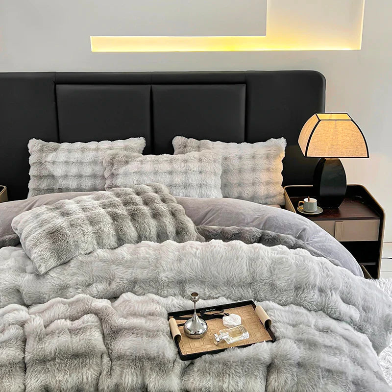 Afralia™ Gradient Gray Faux Rabbit Fur Velvet Bedding Set: Duvet Cover, Bedsheet, Pillowcase