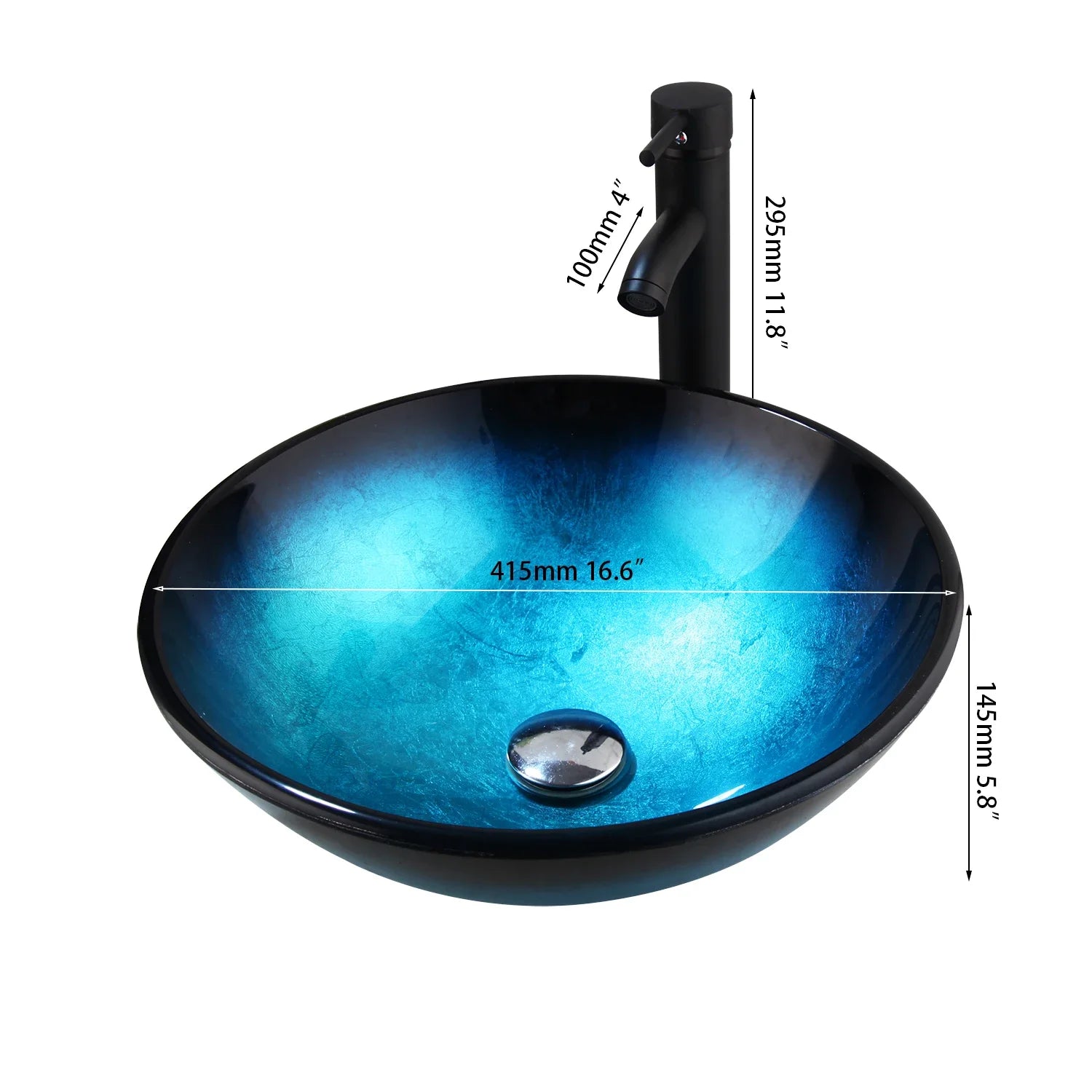 Afralia™ Bule Glass Sink Set with Matte Black Mixer Faucet Tap and Pop Drain