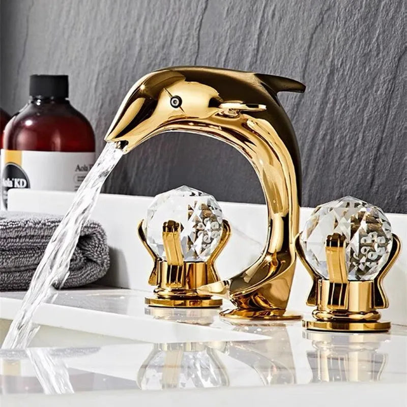 Afralia™ Gold Basin Faucet: Brass Nickel Dolphin Bathroom Sink Faucet, 3 Hole Widespread