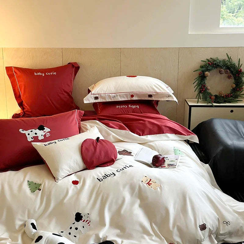 Afralia™ King Bear Embroidered Cotton Bedding Set - Luxury Duvet Cover with Bed Sheet