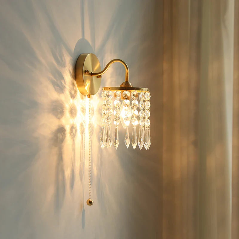 Afralia™ Vintage Crystal LED Wall Lights Pull Chain Switch Copper E14 Stair Fixtures