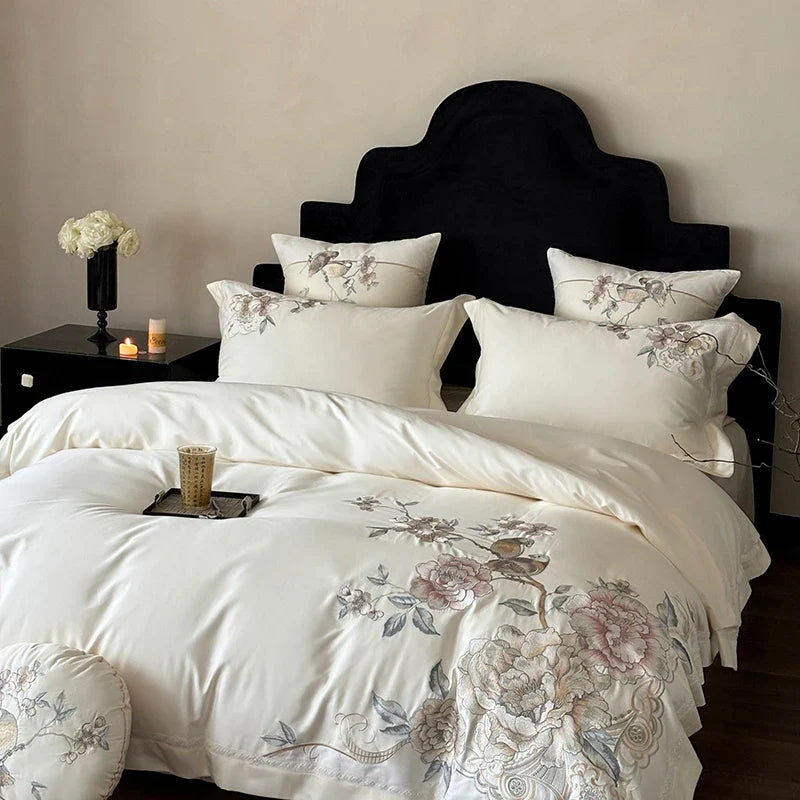 Afralia™ 5-Piece Chinese Flowers Bird Embroidery Bedding Set, 1000TC Egyptian Cotton, Queen King