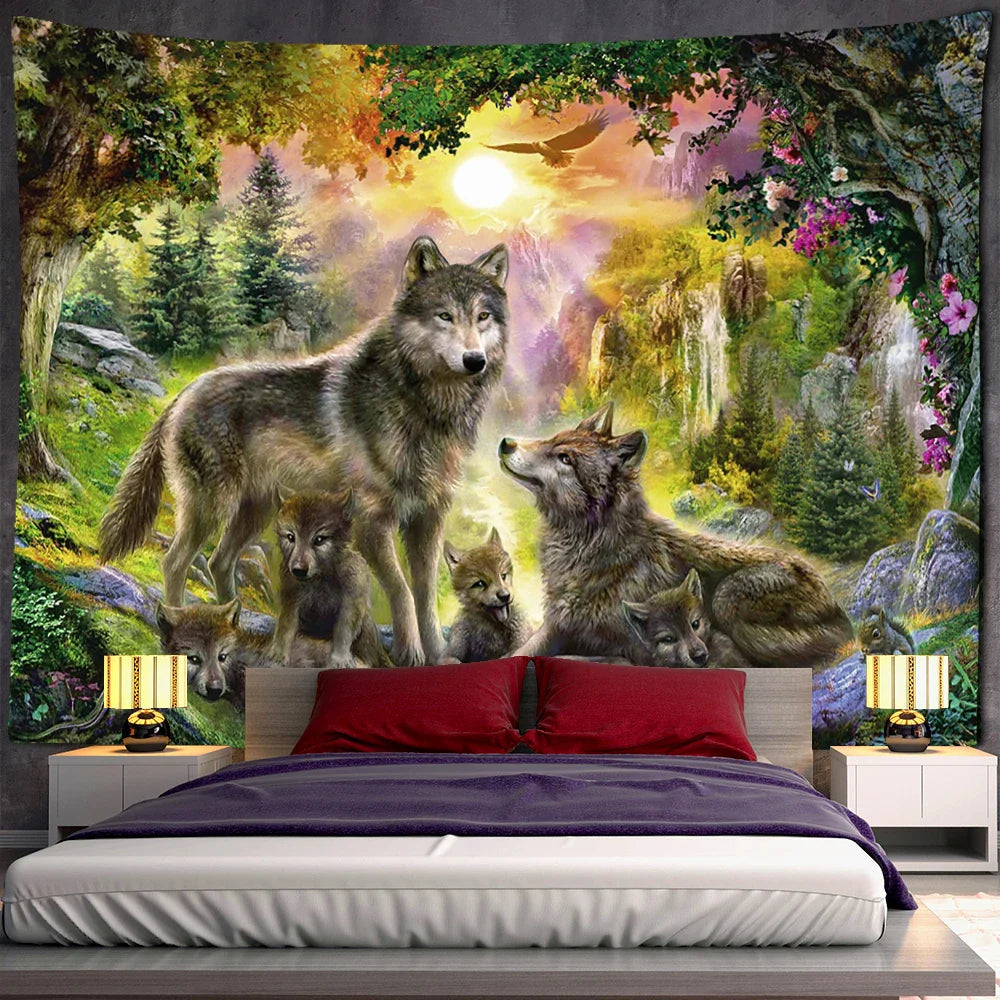 Afralia™ Wolf Forest Tapestry Wall Hanging Psychedelic Landscape Dorm Home Decor