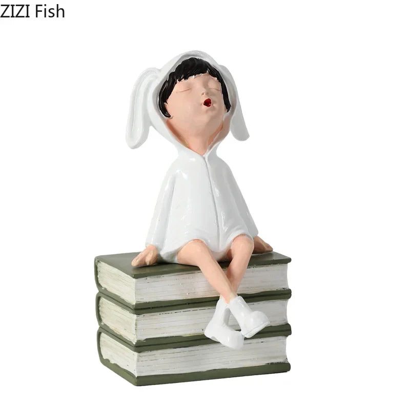 Afralia™ Girls and Books Resin Sculpture Figure for Modern Room Decor