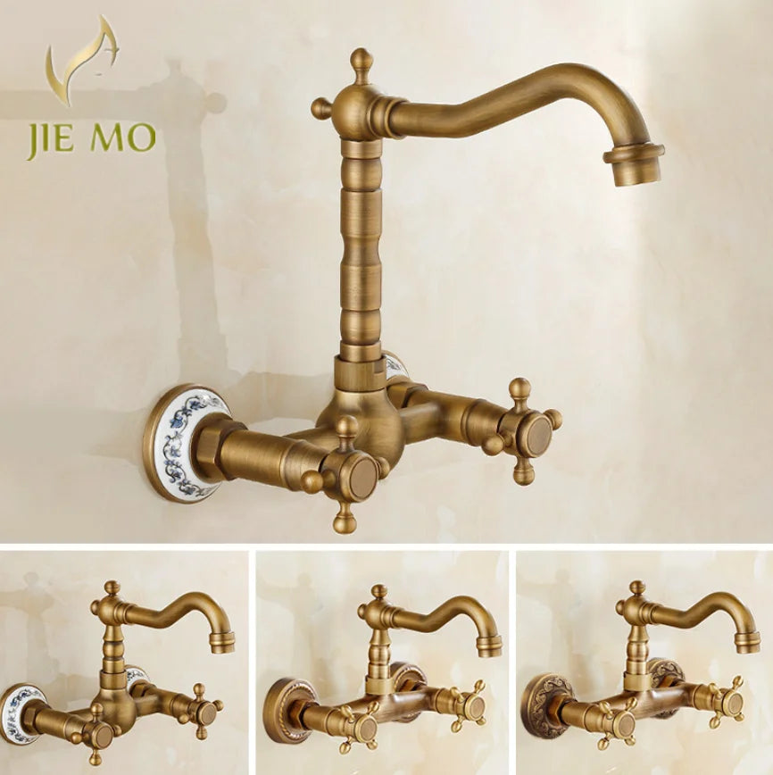 Afralia™ Brass Ceramic Wall Mount Faucet for Bathroom Washbasin - Double Handle Cold Hot Water