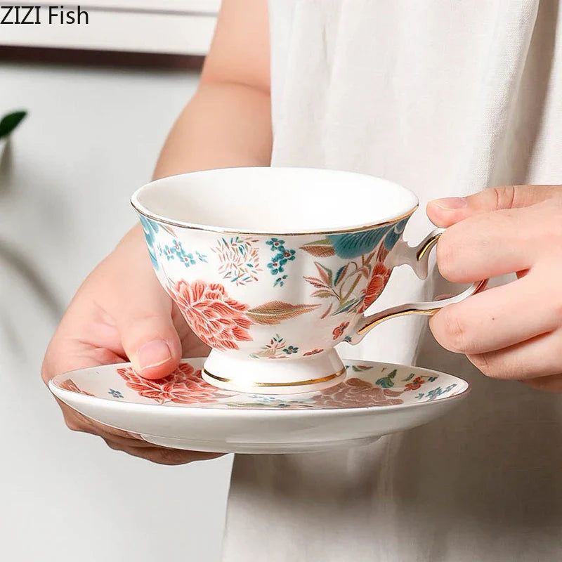 Afralia™ Painted Floral Teacup with Golden Edge - Porcelain Mug for Coffee and Tea