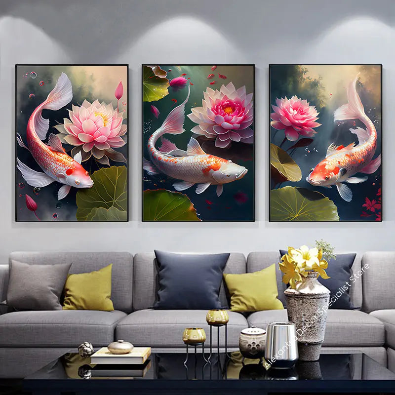 Afralia™ Modern Lotus & Koi Canvas Painting Wall Art for Living Room