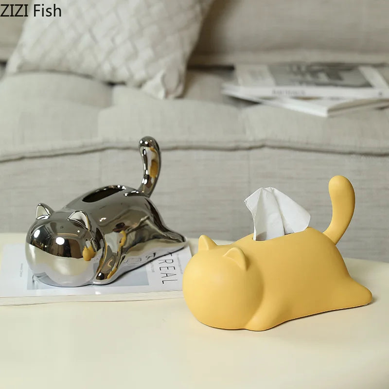 Afralia™ Cat Ceramic Tissue Box Modern Home Decor