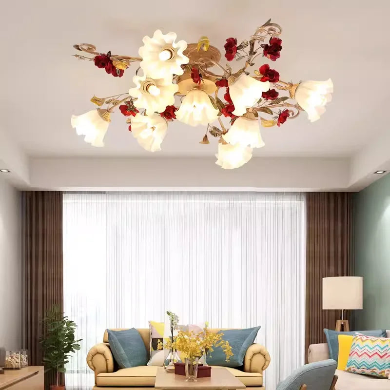 Afralia™ Romantic Retro Flower Ceiling Chandelier LED Light for Living Room Bedroom