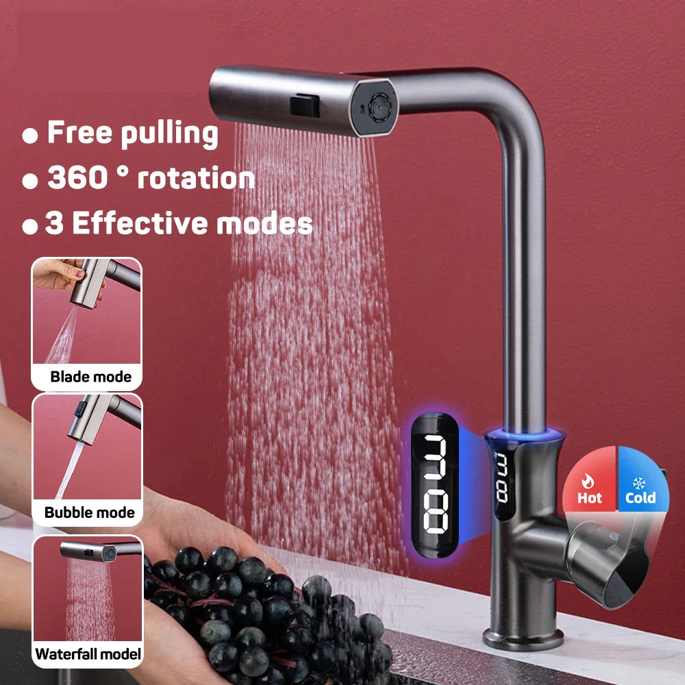 Afralia™ Digital Display Waterfall Kitchen Sink Faucet with Pull Out Sprayer