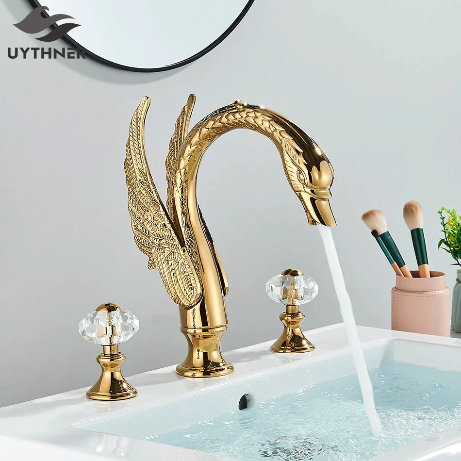 Afralia™ Swan Style Gold Bathroom Sink Faucet Basin Mixer Tap Vessel Bathtub Deck Mounted