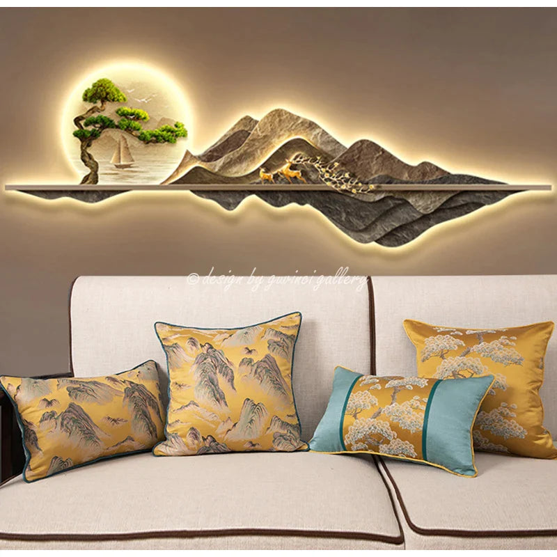 Afralia™ Luxury Gold Silk Satin Pine Tree Throw Pillowcase