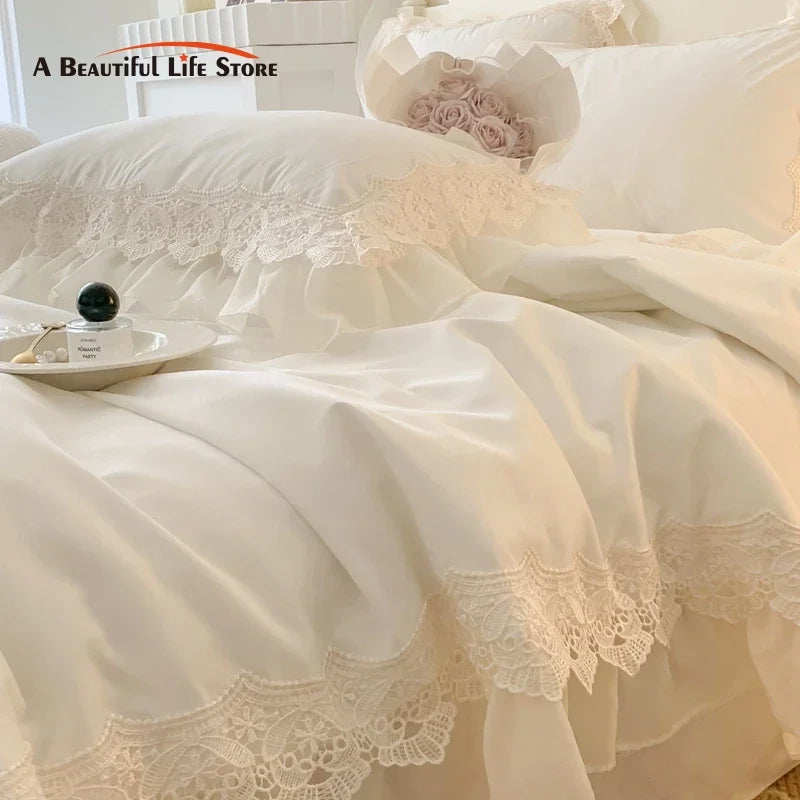 Afralia™ French Wedding Lace Ruffles Bedding Set
