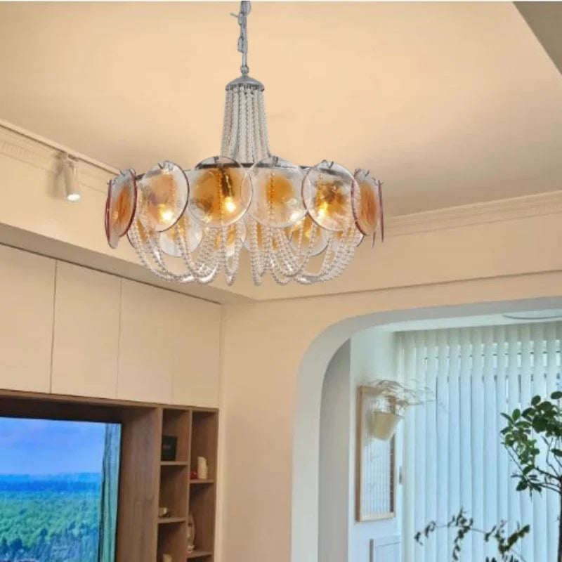 Afralia™ Pink Glass Pearl Chandelier: Modern Pendant Light for Living Room & Bedroom